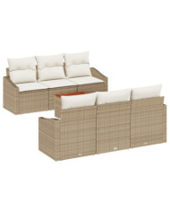 Ensemble de canapé de jardin 7 pièces avec coussins beige poly rotin acacia | Mobilier & Déco