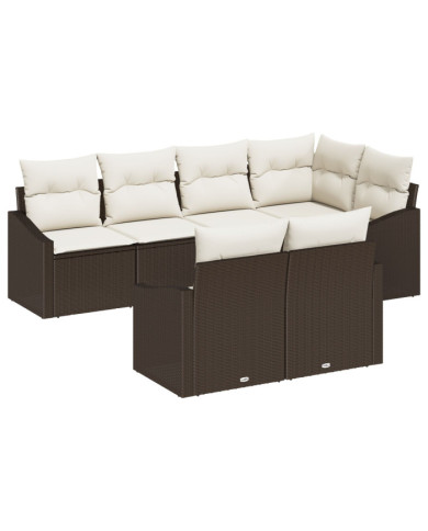 Ensemble de salle à manger de jardin 7 pièces avec coussins en poly rattan marron | Mobilier & Déco