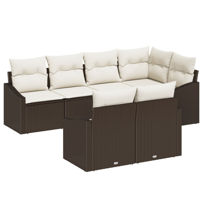 Ensemble de salle à manger de jardin 7 pièces avec coussins en poly rattan marron | Mobilier & Déco