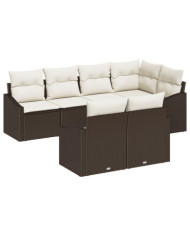 Ensemble de salle à manger de jardin 7 pièces avec coussins en poly rattan marron | Mobilier & Déco