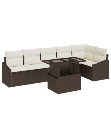 Ensemble de canapé de jardin 7 pièces avec coussins marron en poly rattan | Mobilier & Déco