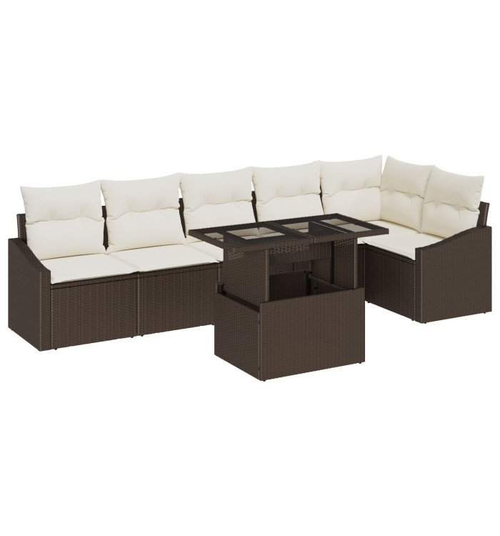 Ensemble de canapé de jardin 7 pièces avec coussins marron en poly rattan | Mobilier & Déco