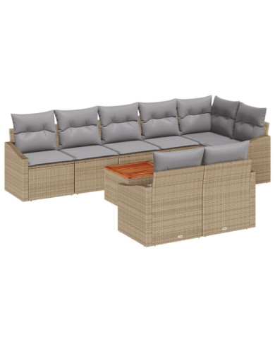 Ensemble de Canapés de Jardin 9 pièces avec Coussins Beige Rotin Synthétique Acacia | Mobilier & Déco