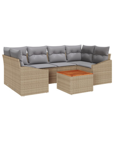 Ensemble de Canapés de Jardin 7 Pièces avec Coussins Beige Rattan Acacia | Mobilier & Déco