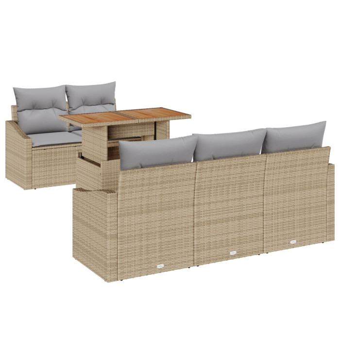 Ensemble de canapé de jardin 6 pièces avec coussins beige en poly rattan | Mobilier & Déco