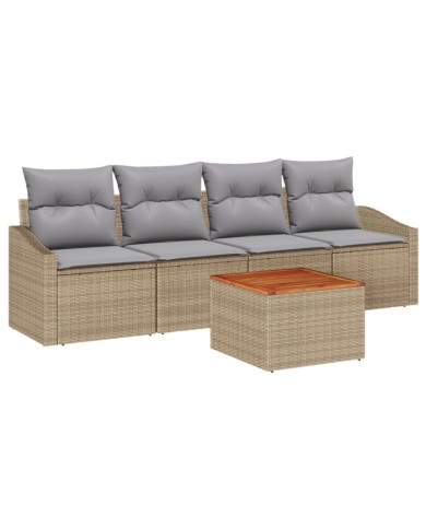 Ensemble de Canapé de Jardin 5 pièces avec Coussins Beige Poly Rattan Acacia | Mobilier & Déco