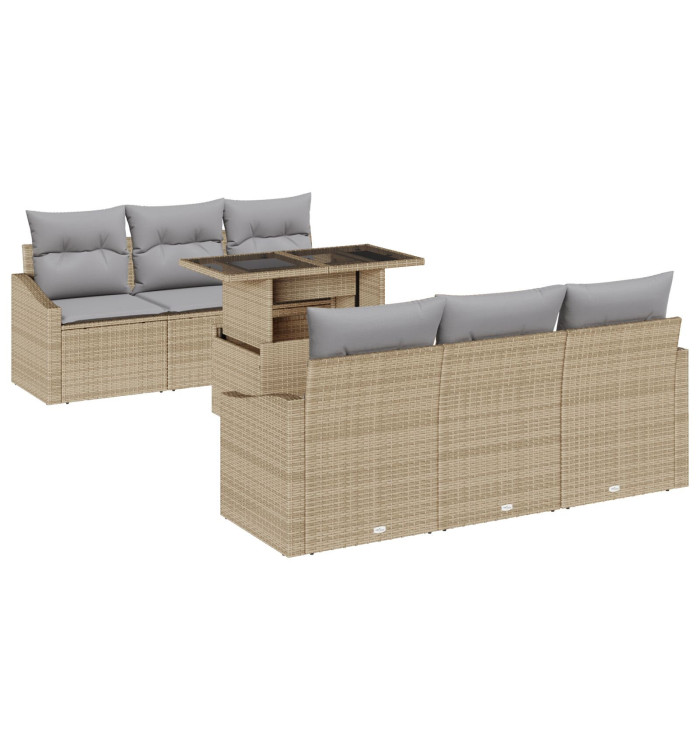 Ensemble de canapé de jardin 7 pièces avec coussins Beige en poly rotin | Mobilier & Déco