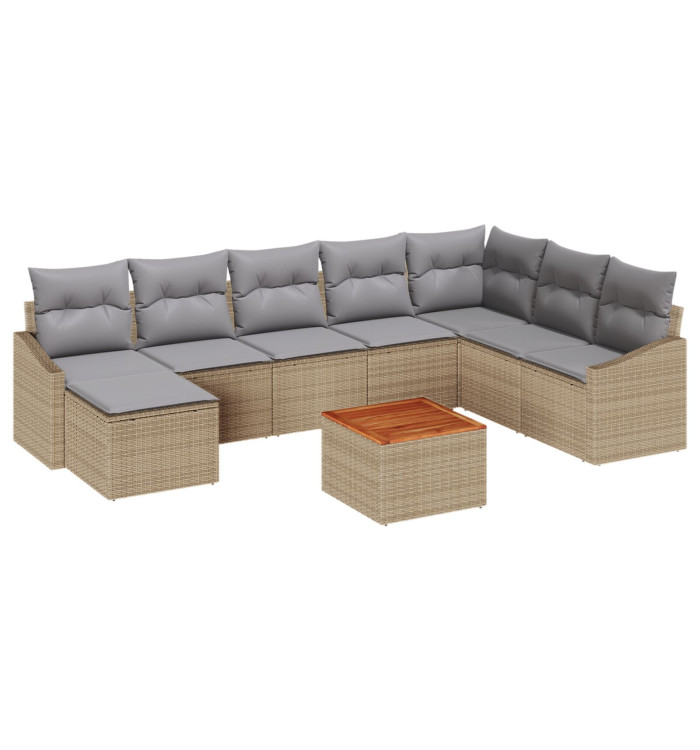 Ensemble de Canapé de Jardin 9 Pièces avec Coussins Beige Poly Rattan Acacia | Mobilier & Déco