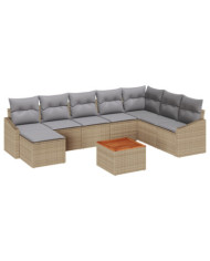Ensemble de Canapé de Jardin 9 Pièces avec Coussins Beige Poly Rattan Acacia | Mobilier & Déco