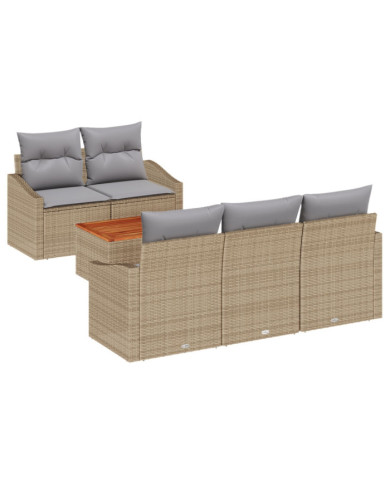 Ensemble de Canapés de Jardin 6 Pièces avec Coussins Beige en Poly Rattan Acacia | Mobilier & Déco