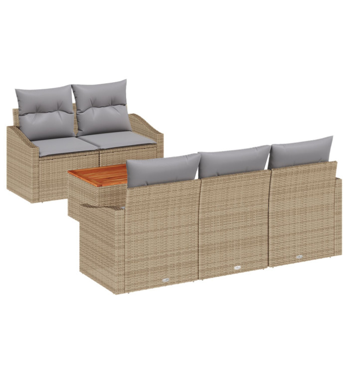 Ensemble de Canapés de Jardin 6 Pièces avec Coussins Beige en Poly Rattan Acacia | Mobilier & Déco