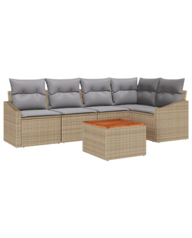 Ensemble de canapé de jardin 6 pièces avec coussins Beige Poly Rotin Acacia | Mobilier & Déco