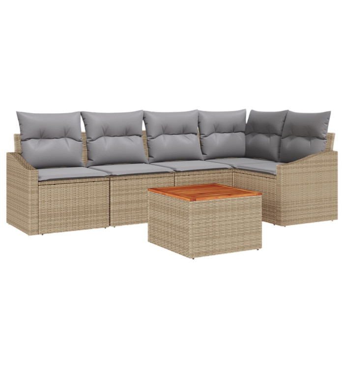 Ensemble de canapé de jardin 6 pièces avec coussins Beige Poly Rotin Acacia | Mobilier & Déco