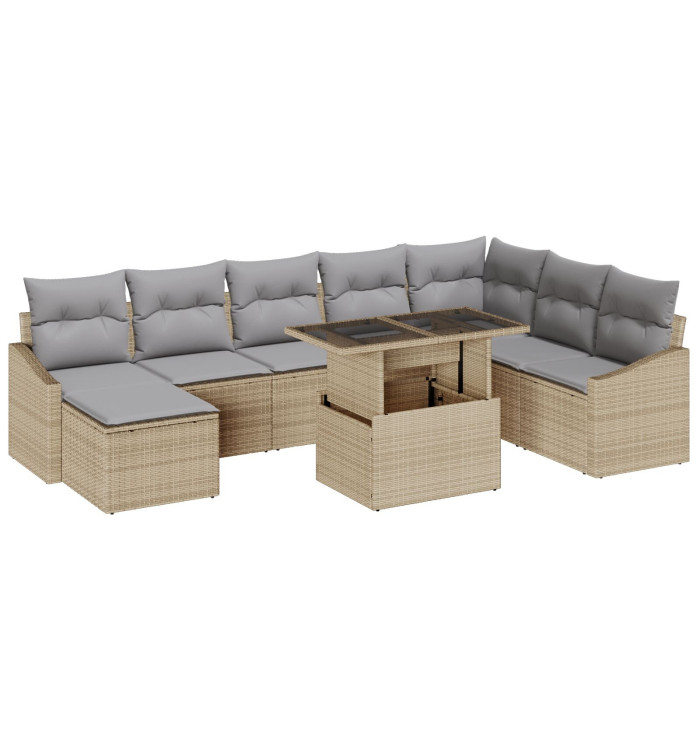 Ensemble de canapé de jardin 9 pièces avec coussins Beige en poly rotin | Mobilier & Déco