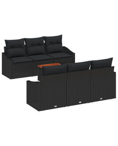 Ensemble de Canapés de Jardin 7 Pièces avec Coussins Noir Rattan Poly Acacia | Mobilier & Déco