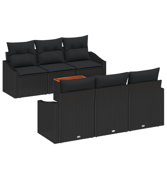 Ensemble de Canapés de Jardin 7 Pièces avec Coussins Noir Rattan Poly Acacia | Mobilier & Déco