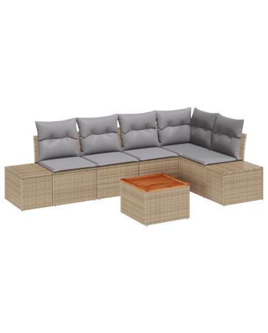 Ensemble de canapé de jardin de 6 pièces avec coussins beige en poly rotin et acacia | Mobilier & Déco