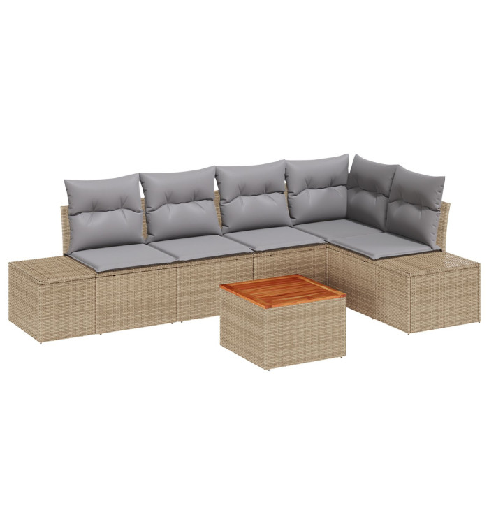 Ensemble de canapé de jardin de 6 pièces avec coussins beige en poly rotin et acacia | Mobilier & Déco