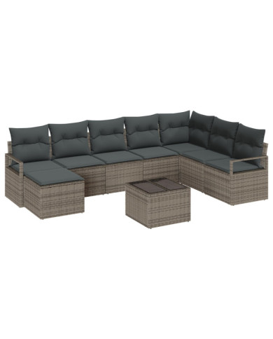 Ensemble de canapé de jardin 8 pièces avec coussins noir poly rotin, Canapé de jardin 2 places avec coussins gris poly rotin | M