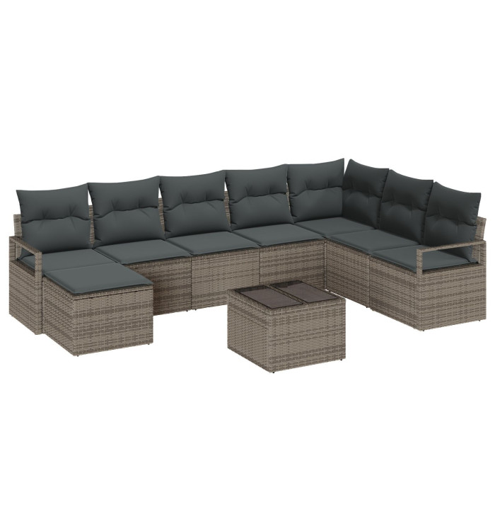 Ensemble de canapé de jardin 8 pièces avec coussins noir poly rotin, Canapé de jardin 2 places avec coussins gris poly rotin | M