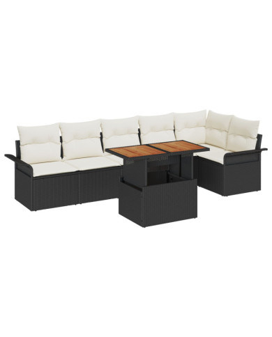 Ensemble de salle à manger de jardin 7 pièces avec coussins noir poly rattan acacia | Mobilier & Déco