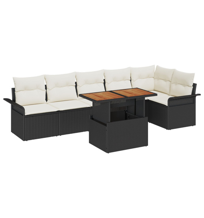 Ensemble de salle à manger de jardin 7 pièces avec coussins noir poly rattan acacia | Mobilier & Déco