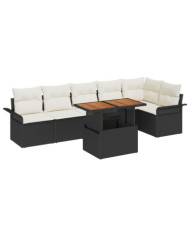Ensemble de salle à manger de jardin 7 pièces avec coussins noir poly rattan acacia | Mobilier & Déco