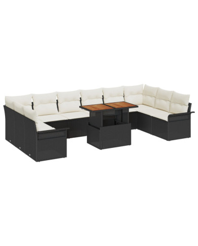 Ensemble de salle à manger de jardin 11 pièces avec coussins osier noir poly rattan acacia | Mobilier & Déco