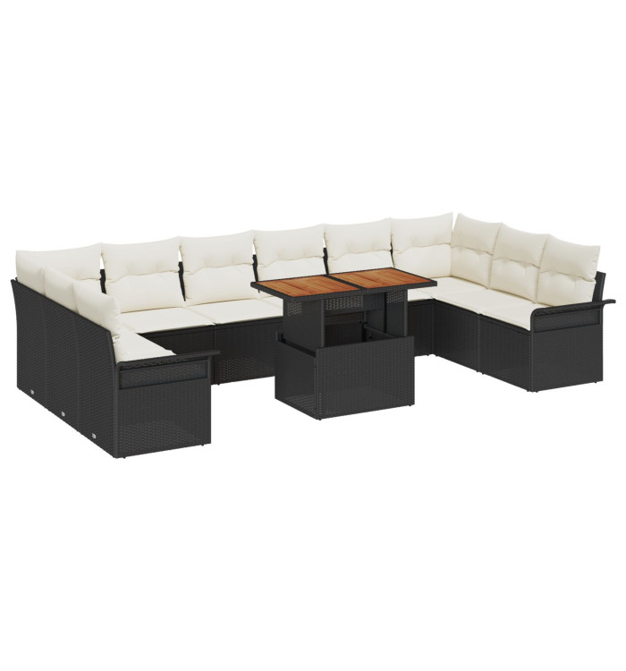 Ensemble de salle à manger de jardin 11 pièces avec coussins osier noir poly rattan acacia | Mobilier & Déco