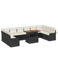 Ensemble de salle à manger de jardin 11 pièces avec coussins osier noir poly rattan acacia | Mobilier & Déco