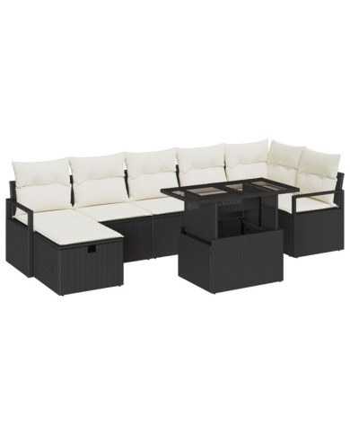 Ensemble de canapé de jardin 8 pièces avec coussins noir poly rotin, Canapé de jardin 2 places avec coussins noir poly rotin | M