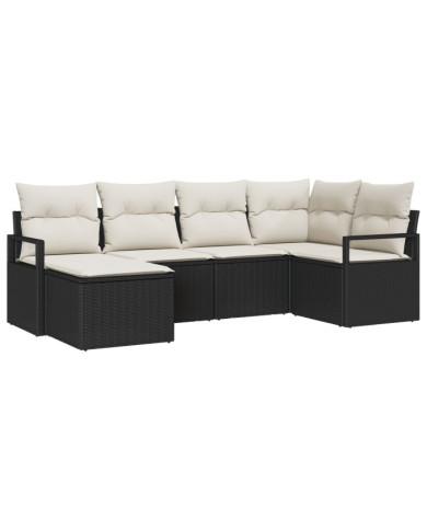 Ensemble de canapé de jardin 6 pièces avec coussins noir poly rotin, Canapé de jardin 2 places avec coussins noir poly rotin |