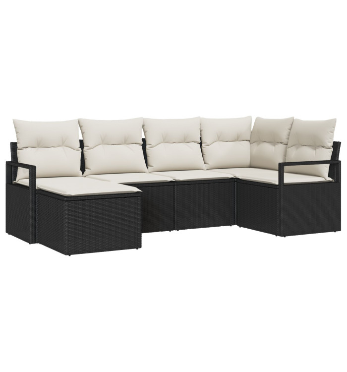 Ensemble de canapé de jardin 6 pièces avec coussins noir poly rotin, Canapé de jardin 2 places avec coussins noir poly rotin |