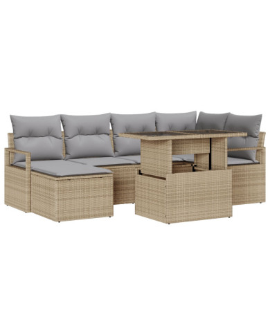 Ensemble de Canapé de Jardin 7 pièces avec Coussins Beige Rattan Poly, Canapé de Jardin 2 Places avec Coussins Beige Rattan Poly