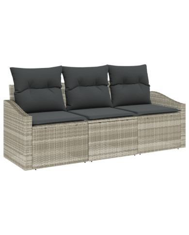 Canapé de jardin 3 pièces avec coussins gris clair en poly rattan | Mobilier & Déco