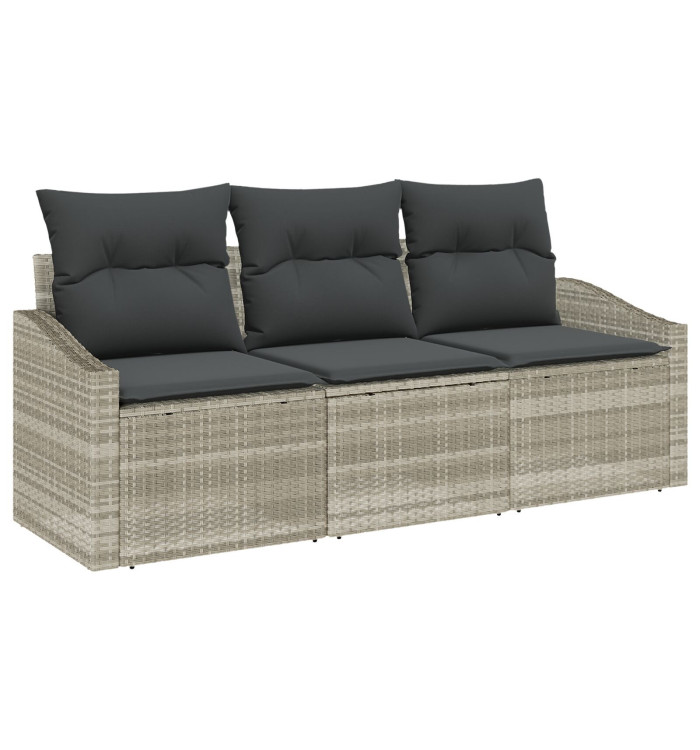 Canapé de jardin 3 pièces avec coussins gris clair en poly rattan | Mobilier & Déco