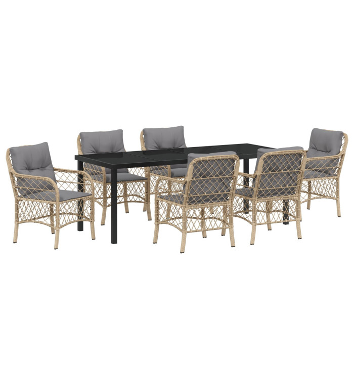 Ensemble de Salle à Manger de Jardin de 7 Pièces avec Coussins Beige Poly Rattan | Mobilier & Déco