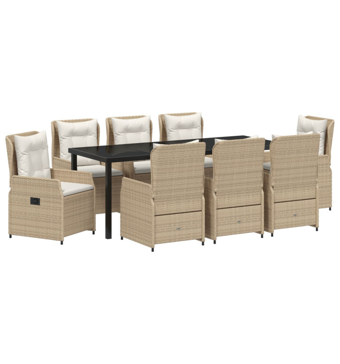 Ensemble de Salle à Manger de Jardin 9 Pièces Beige Rotin Synthétique, Table de Jardin Noire 200x80x73 cm Verre Trempé | Mobil