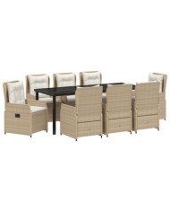 Ensemble de Salle à Manger de Jardin 9 Pièces Beige Rotin Synthétique, Table de Jardin Noire 200x80x73 cm Verre Trempé | Mobil