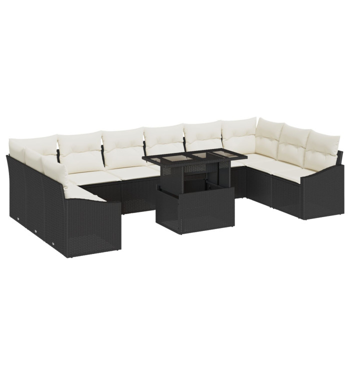 Ensemble de canapé de jardin de 11 pièces avec coussins noirs en poly rotin | Mobilier & Déco