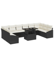 Ensemble de canapé de jardin de 11 pièces avec coussins noirs en poly rotin | Mobilier & Déco