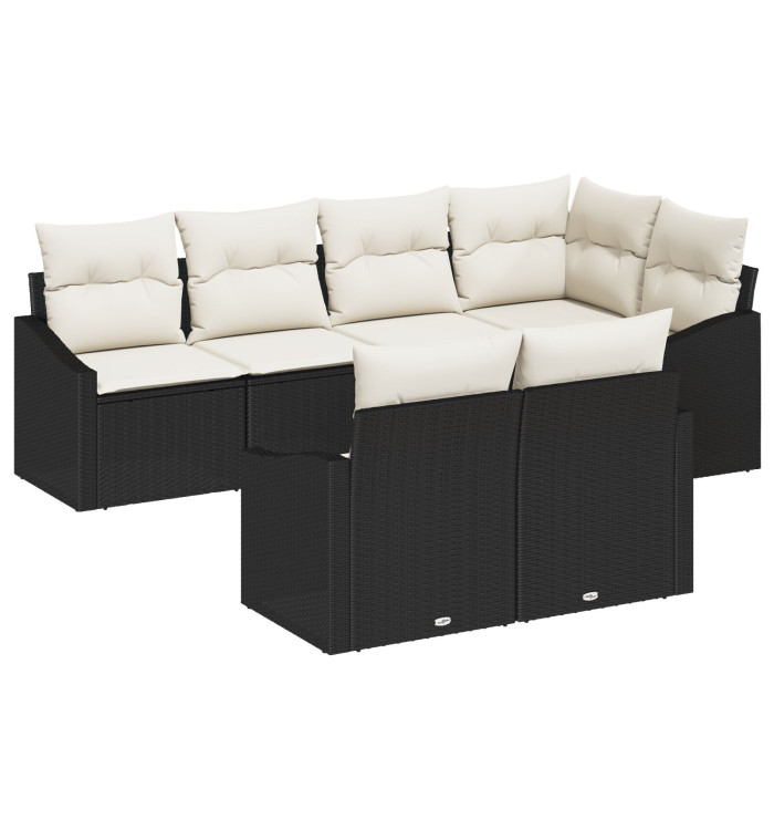 Ensemble de canapé de jardin 7 pièces avec coussins en rotin poly noir | Mobilier & Déco