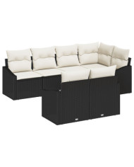Ensemble de canapé de jardin 7 pièces avec coussins en rotin poly noir | Mobilier & Déco