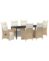 Ensemble de salle à manger de jardin 7 pièces avec coussins beige en poly rattan | Mobilier & Déco