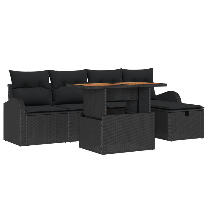 Canapé de jardin 6 pièces avec coussins en poly rotin noir, Canapé de jardin 2 places avec rangement et coussins noirs | Mobilie