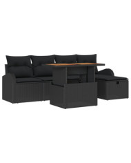Canapé de jardin 6 pièces avec coussins en poly rotin noir, Canapé de jardin 2 places avec rangement et coussins noirs | Mobilie