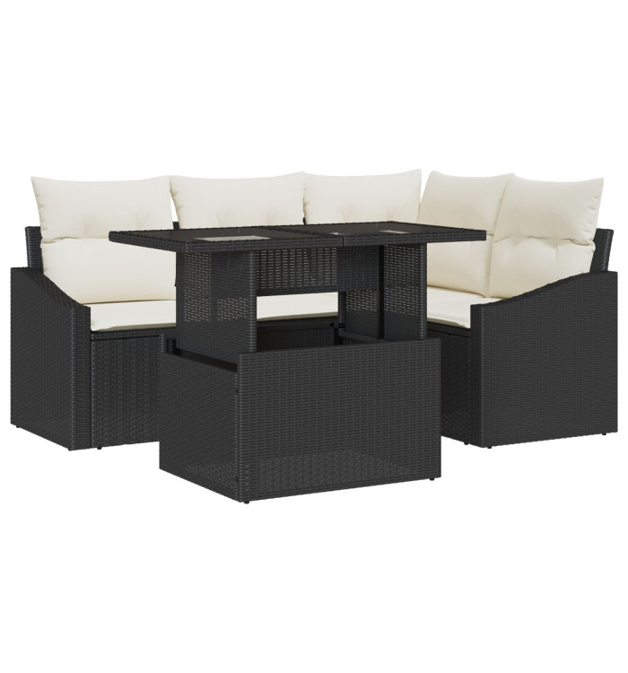 Ensemble de canapé de jardin 5 pièces avec coussins en poly rotin noir de | Mobilier & Déco