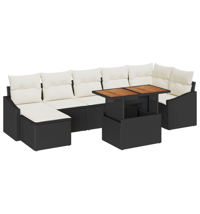 Ensemble de salle à manger de jardin 8 pièces avec coussins en rotin poly noir | Mobilier & Déco
