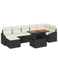 Ensemble de salle à manger de jardin 8 pièces avec coussins en rotin poly noir | Mobilier & Déco