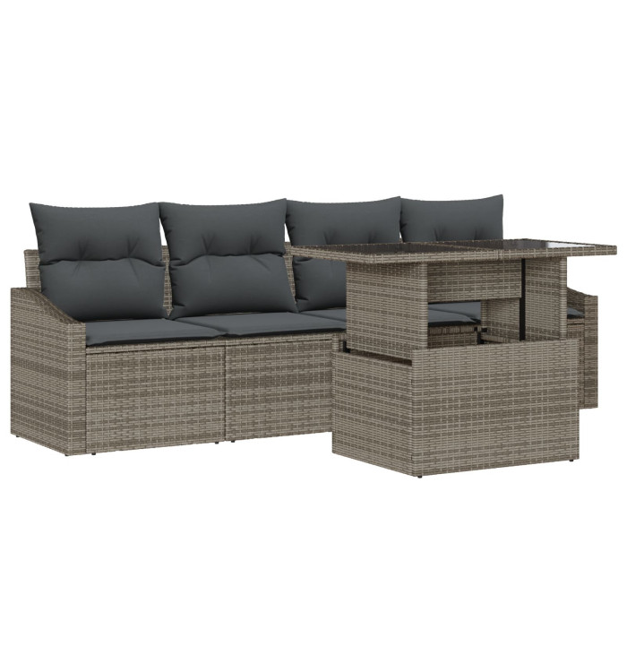 Ensemble de canapés de jardin 5 pièces avec coussins gris en poly rattan | Mobilier & Déco